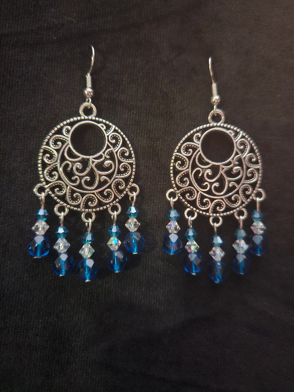 Antique silver go-go and capri blue/aqua/clear glass beaded chandelier earrings